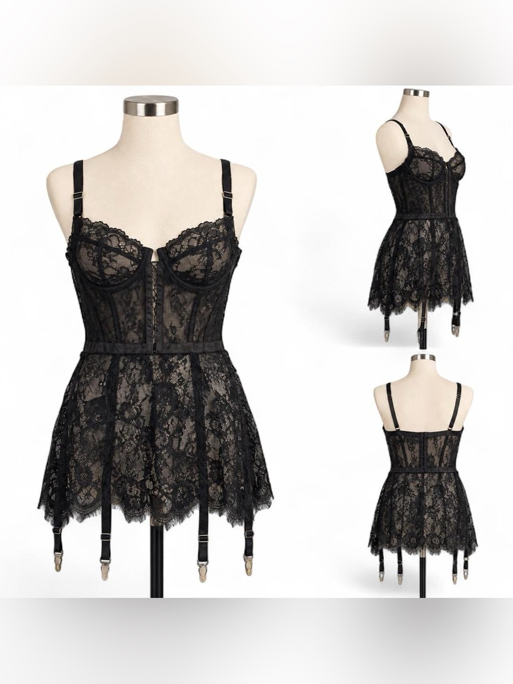 Black Eyelash Lace Suspender Basque Lingerie Top Women Small Sheer Boudoir Sexy